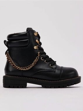 Kurt Geiger black leather Combat Boots with Gold Chain,rhinestone loop Y5 W7